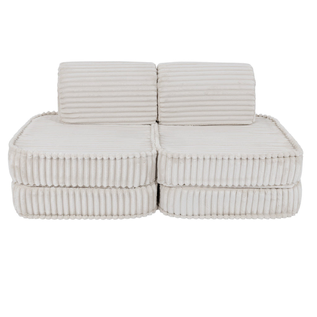 1. White modular kids sofa with ribbed corduroy texture, shown in a compact configuration on a white background