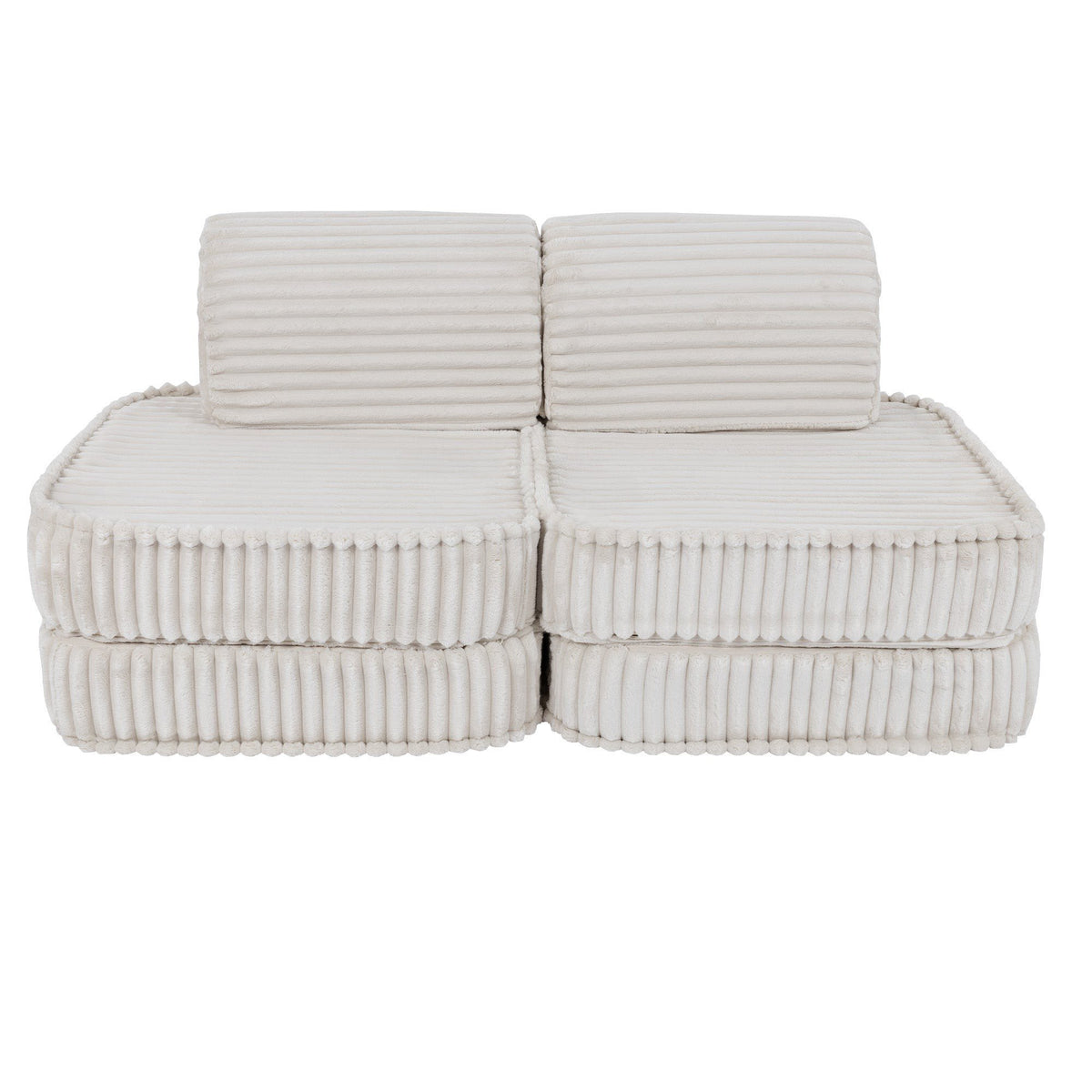 1. White modular kids sofa with ribbed corduroy texture, shown in a compact configuration on a white background