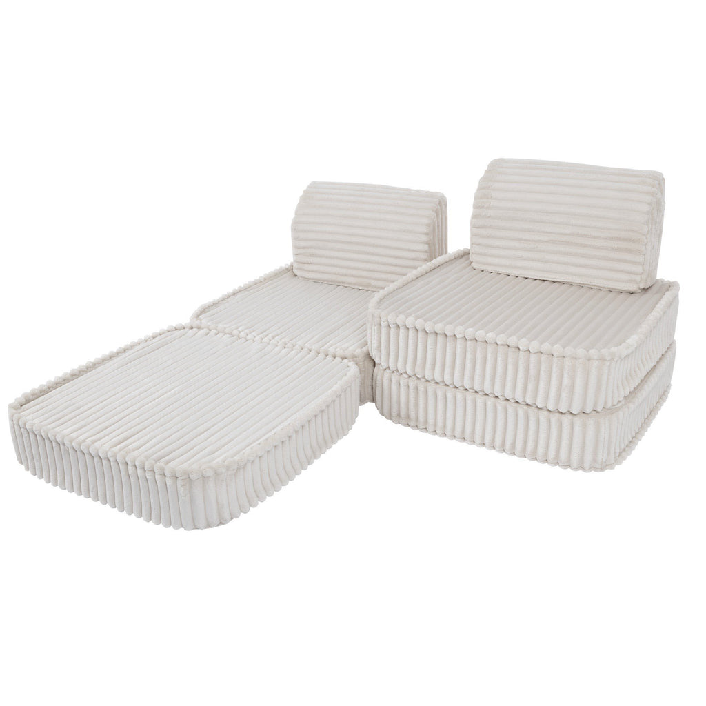 3. White modular kids sofa in a partially reclined configuration, showcasing ribbed corduroy texture