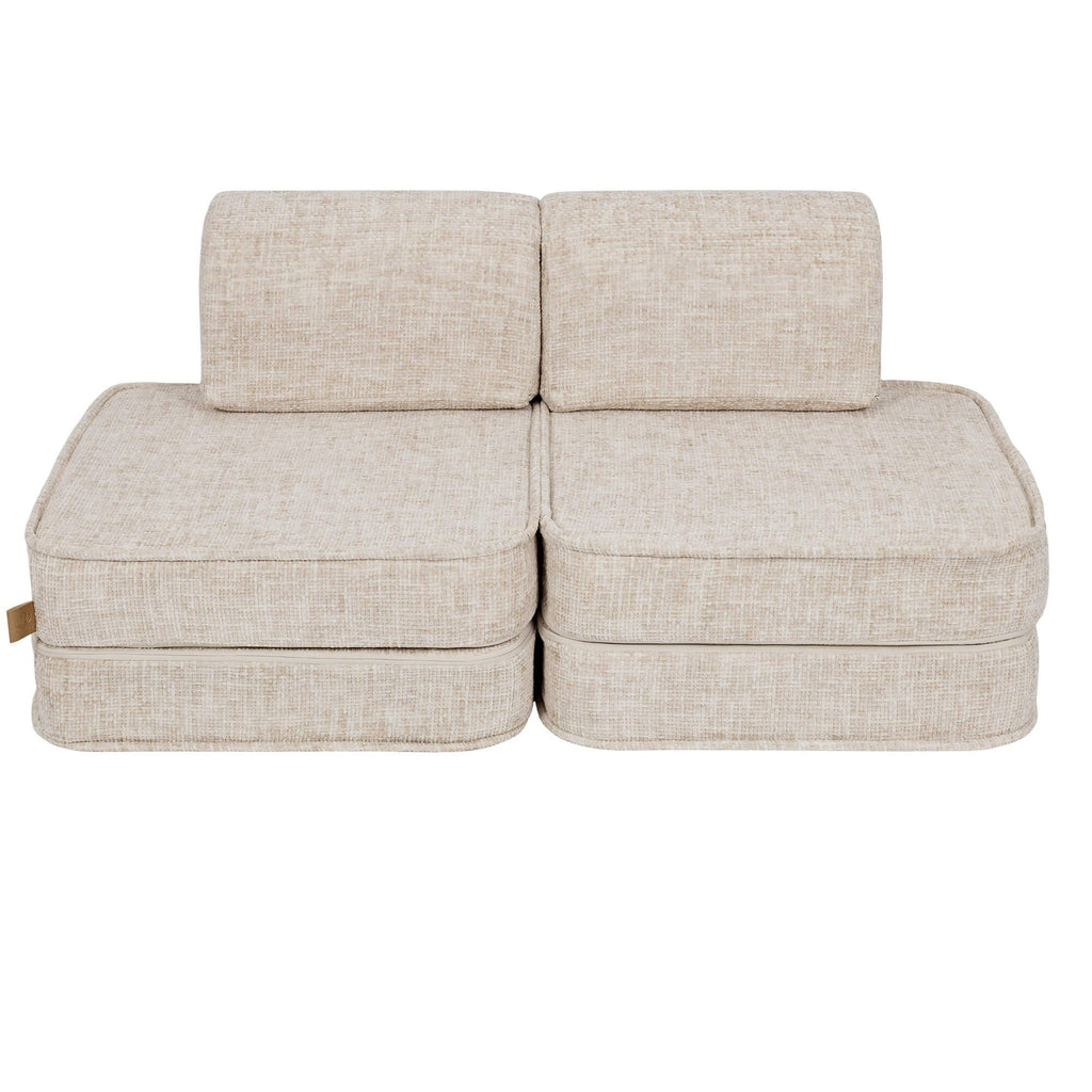 1. Beige modular sofa for kids by MeowBaby with two back cushions and two seat cushions on a white background