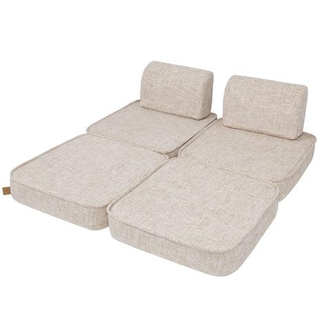 4. Beige modular sofa for kids by MeowBaby fully extended as a flat bed on a white background