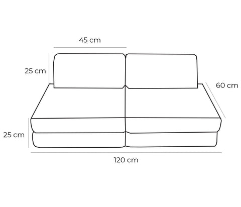 5. Size chart for MeowBaby kids' modular sofa showing dimensions in centimeters
