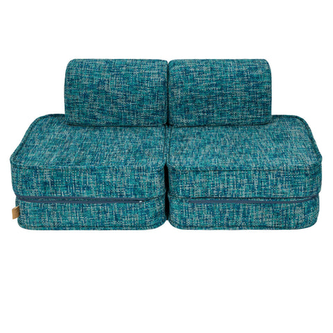 1. Studio shot of MeowBaby small modular sofa for kids in Tangle Lagoon Blue, showing two connected sections with backrests on a white background