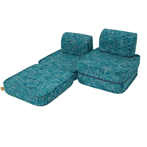 2. MeowBaby small modular sofa for kids in Tangle Lagoon Blue, partially unfolded with one section flat and the other upright