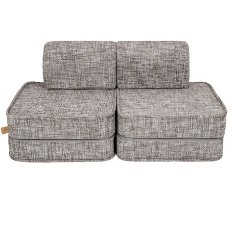 1. Studio shot of MeowBaby small modular sofa for kids in Tangle Moon Grey, showing two backrests and two seat cushions on a white background