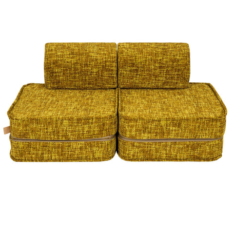 1. Modular children's sofa in honey mustard color with two backrests and two seat cushions on a white background