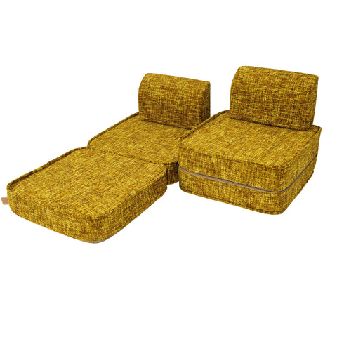 3. Honey mustard modular children's sofa partially unfolded with one seat cushion extended
