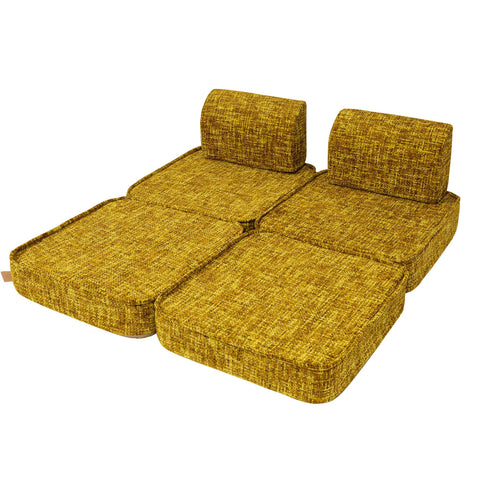 4. Fully extended honey mustard modular children's sofa with two backrests and four seat cushions