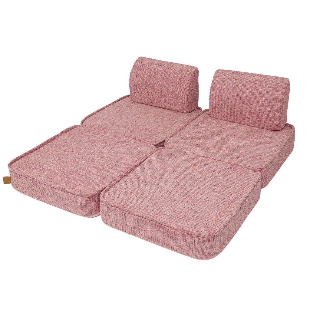 6. MeowBaby small modular sofa for kids in bubblegum pink, fully unfolded with all cushions laid flat, on a white background