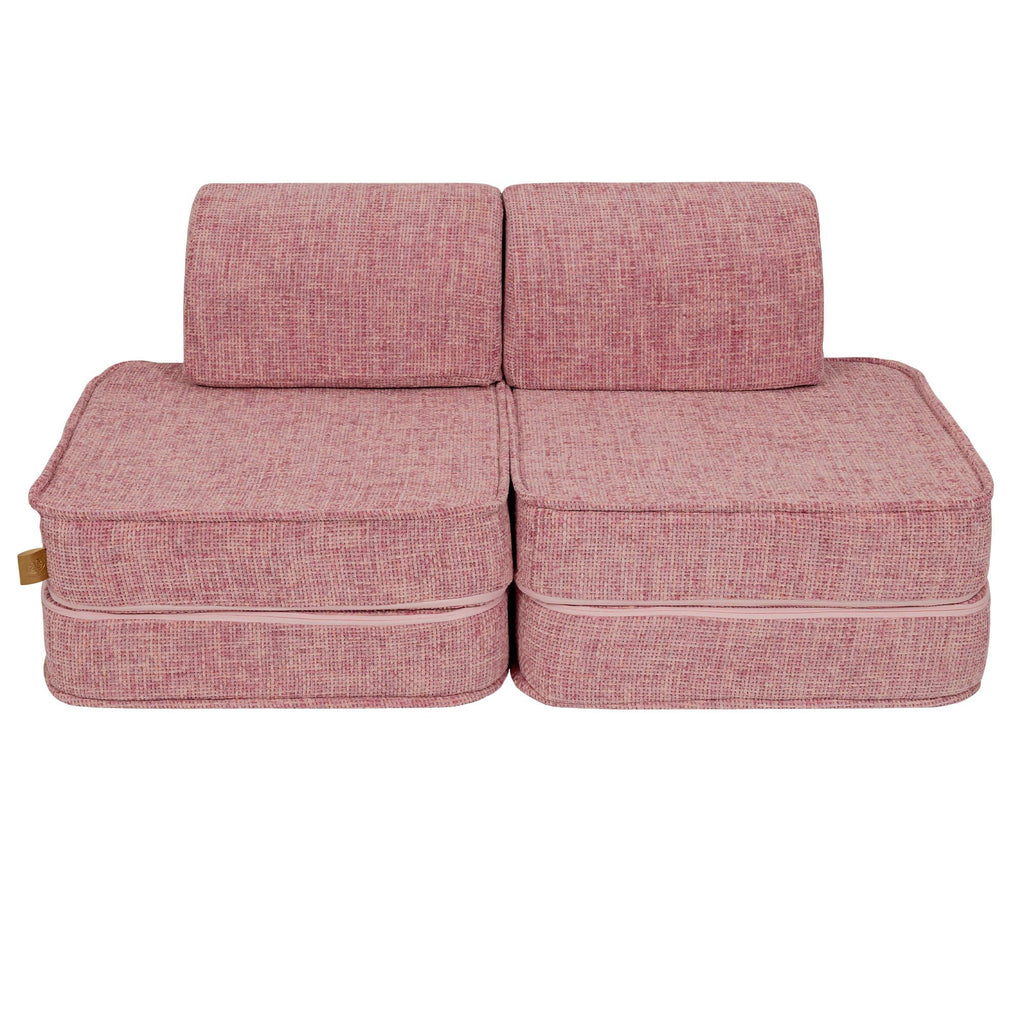 1. Front view of MeowBaby small modular sofa for kids in bubblegum pink, showing two backrests and seat cushions on a white background