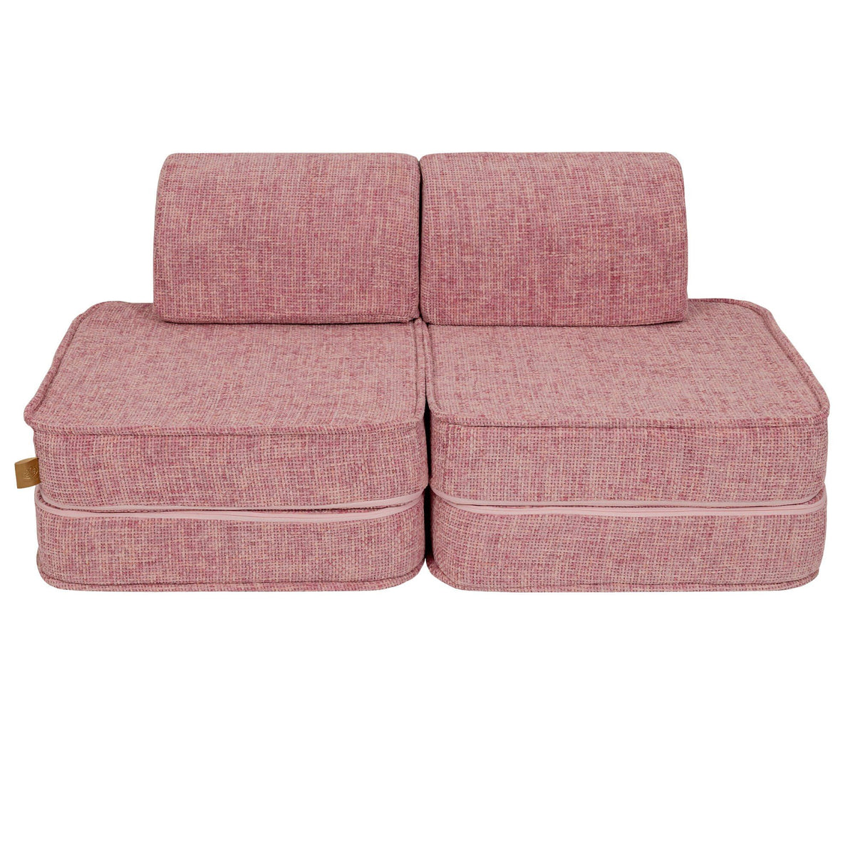 1. Front view of MeowBaby small modular sofa for kids in bubblegum pink, showing two backrests and seat cushions on a white background