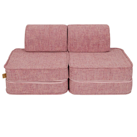 1. Front view of MeowBaby small modular sofa for kids in bubblegum pink, showing two backrests and seat cushions on a white background