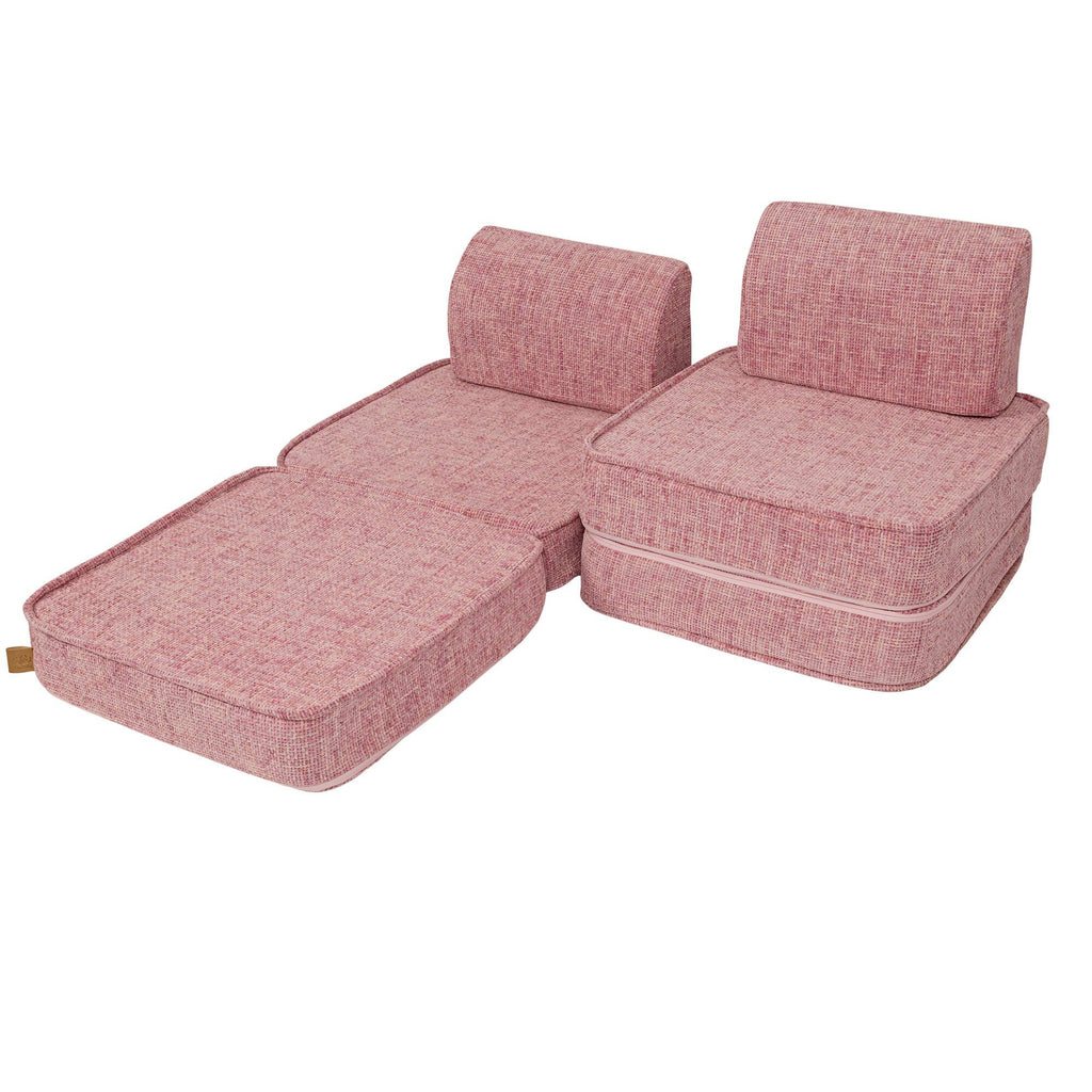 2. MeowBaby small modular sofa for kids in bubblegum pink, partially unfolded with one seat extended, on a white background