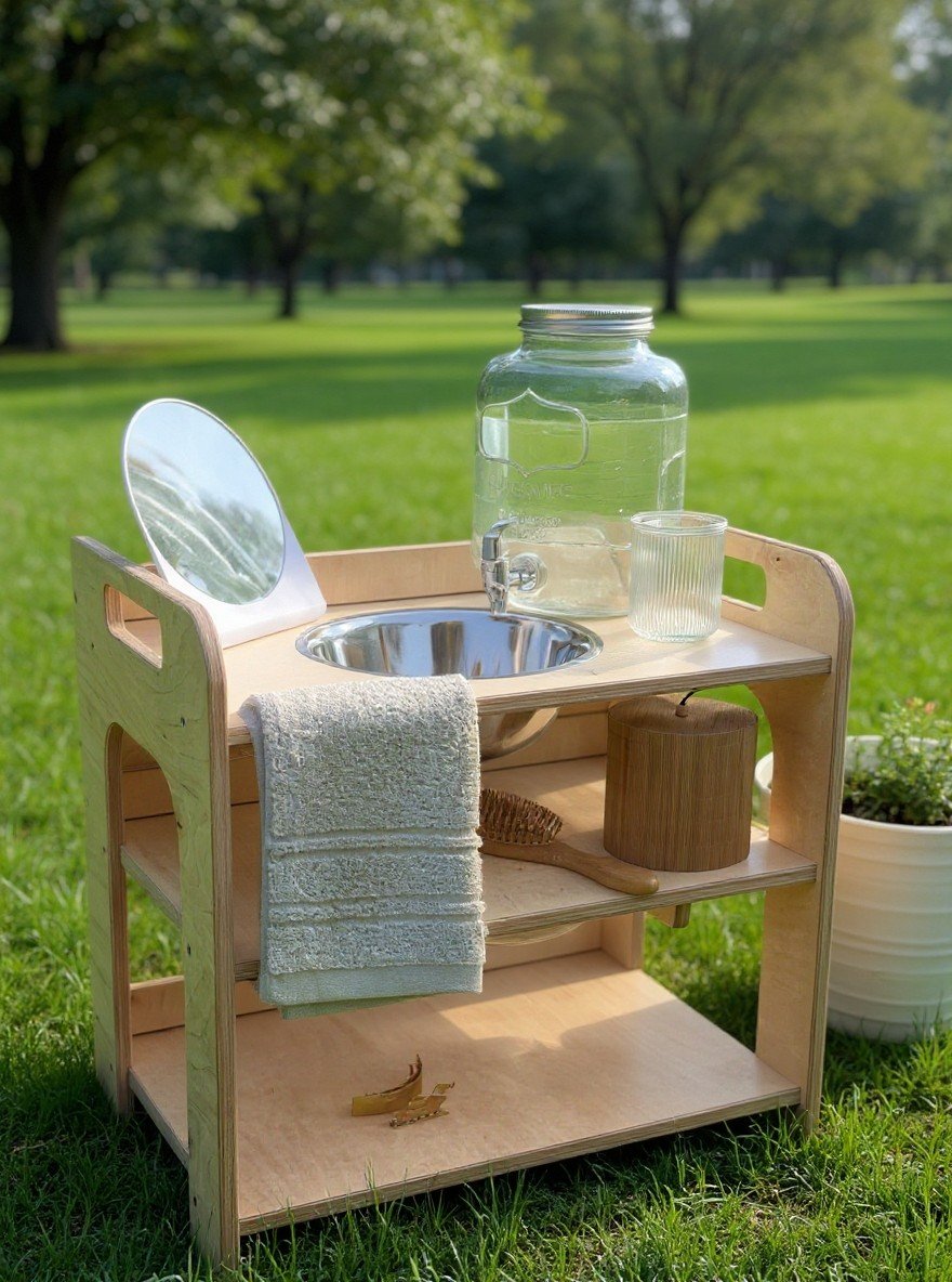 1. Montessori wash station with enamel bowl and towel on grass in park setting