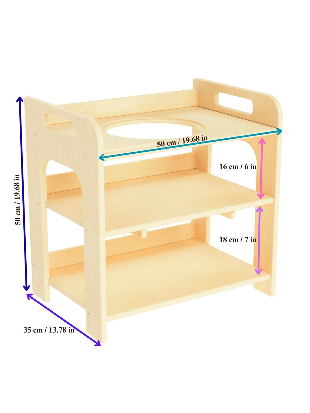 5. Size chart for Montessori wash station showing dimensions in centimeters and inches