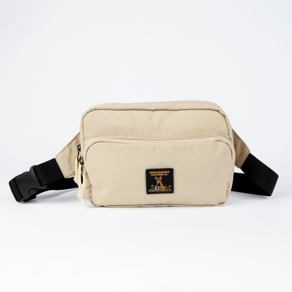 1. Beige Sniff Retro Waist Bag by Moomin NordicBuddies with black adjustable strap and front pocket, studio background
