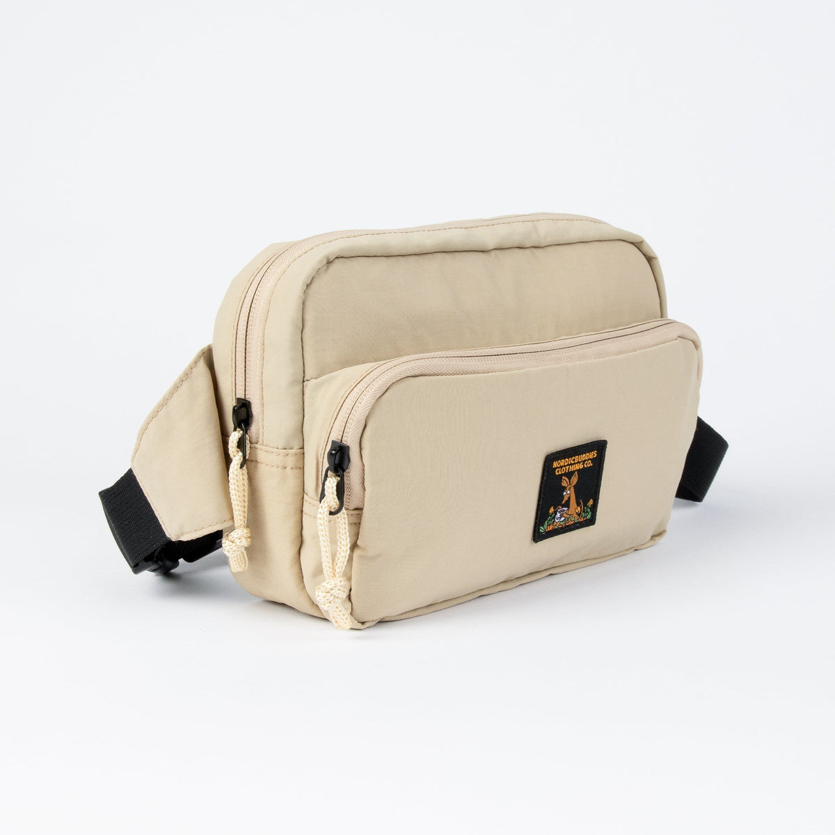 2. Side angle of beige Sniff Retro Waist Bag by Moomin NordicBuddies with dual front pockets