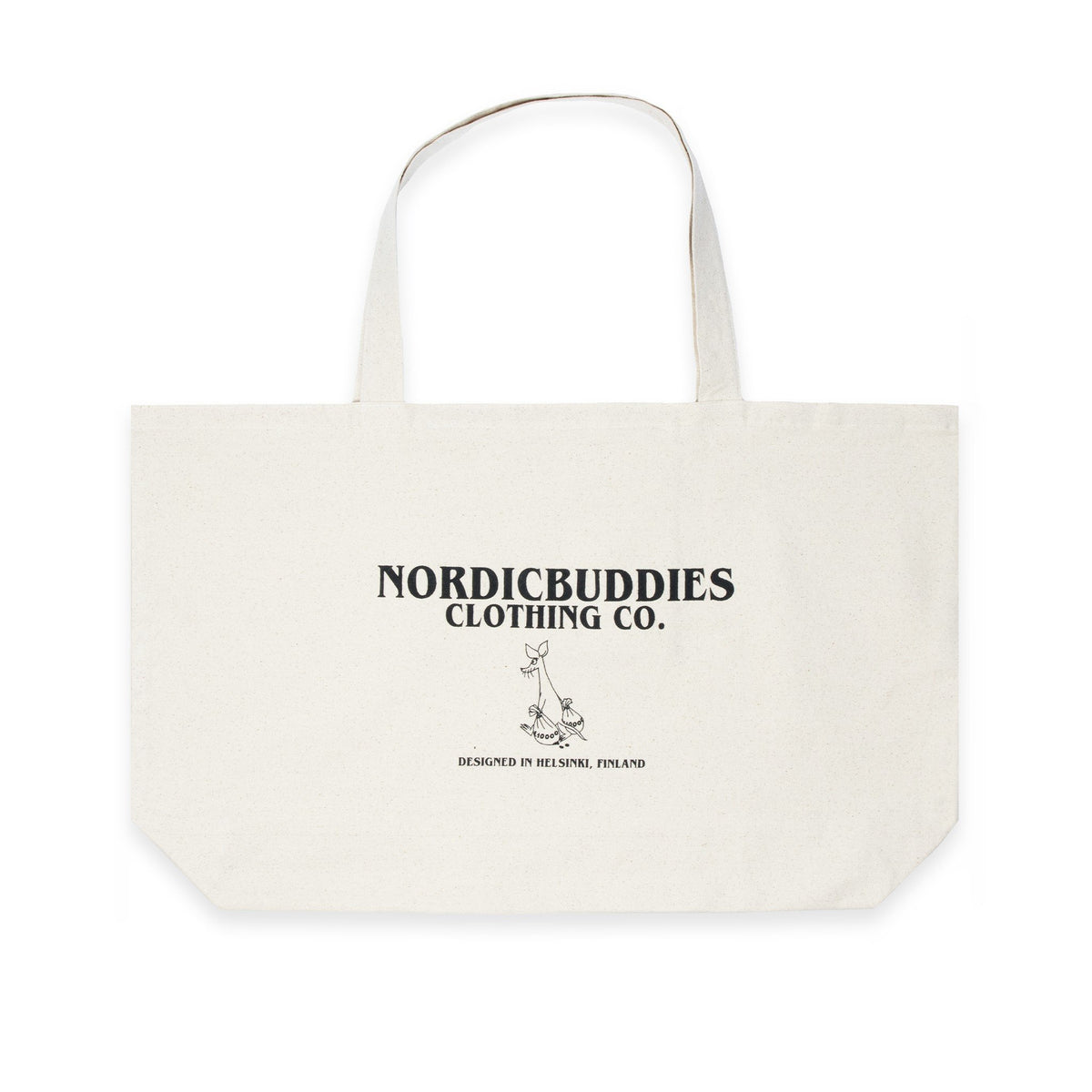 2. Black XXL tote bag made of 100% heavy cotton featuring Nordicbuddies logo and Moomin character design, shown on a white background