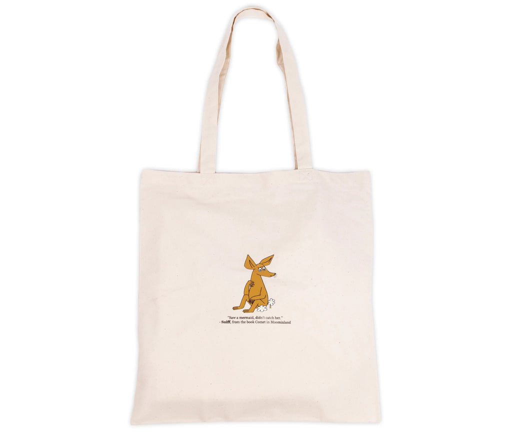 1. Beige Sniff Tote Bag by Moomin featuring Sniff character and quote, made from heavy cotton