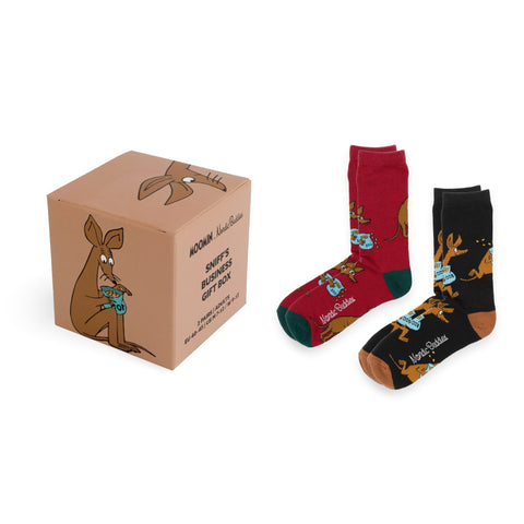 1. Moomin by NordicBuddies gift box with two pairs of socks, one red and one black, featuring Sniff character and playful patterns