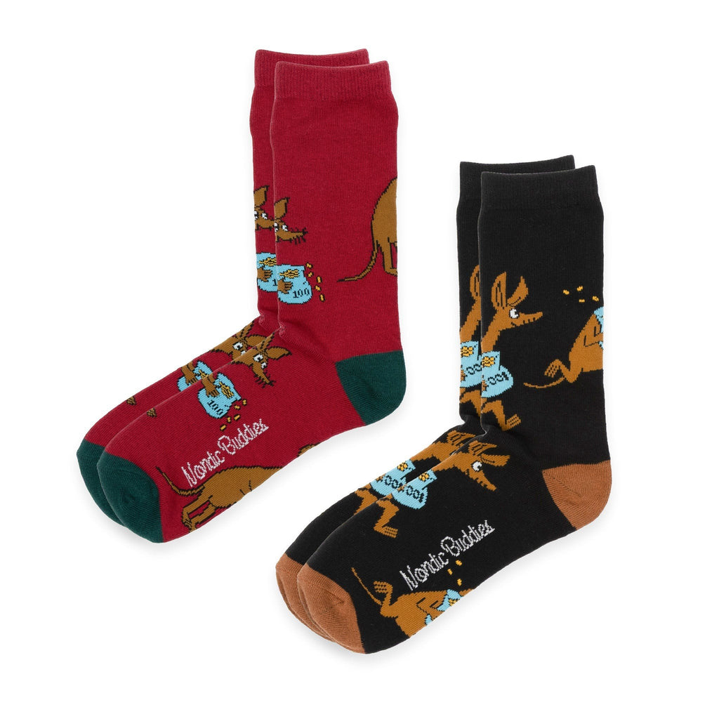 3. Two pairs of Moomin socks, one red and one black, featuring Sniff character and NordicBuddies logo