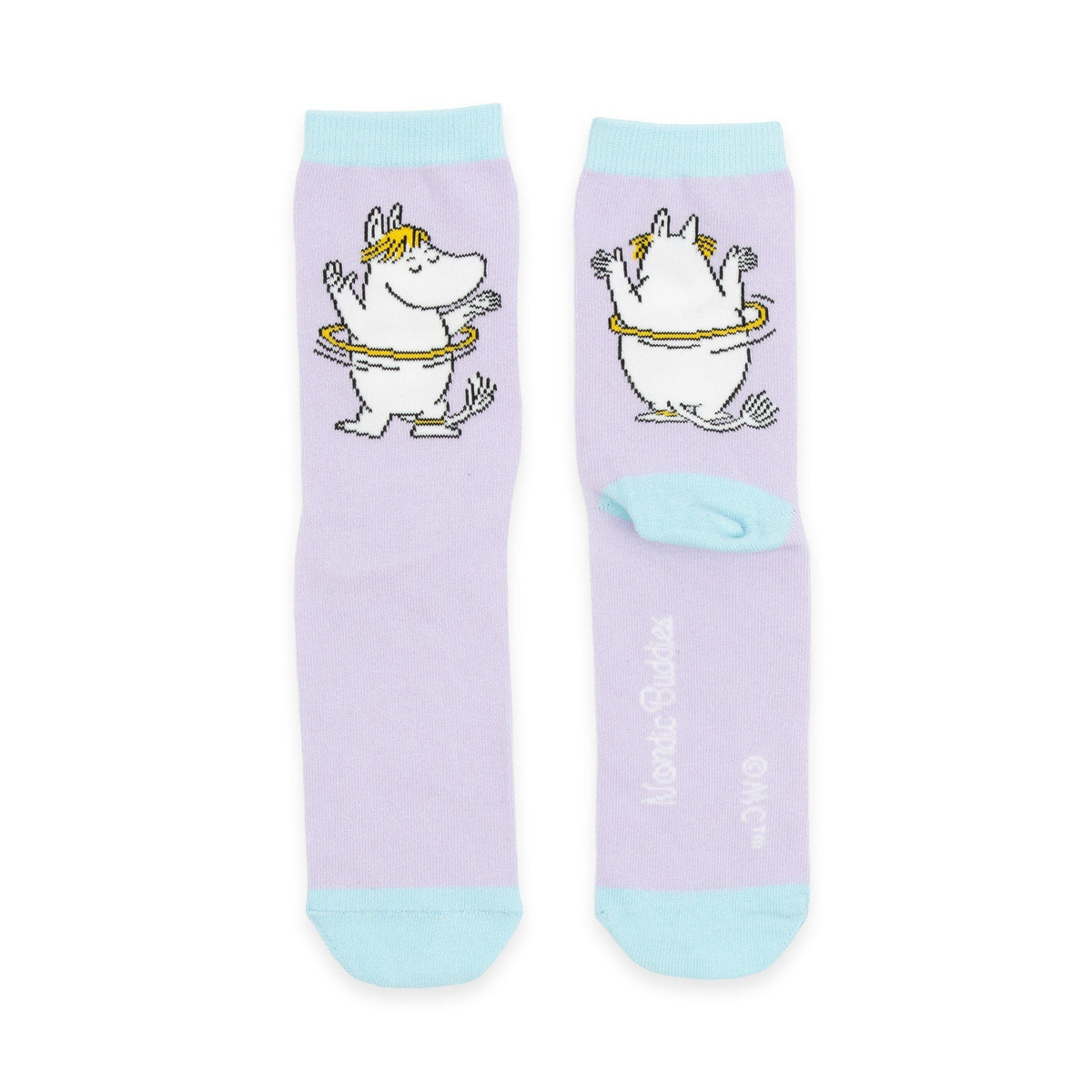 1. Women's Snorkmaiden Butt socks in vibrant lavender by Moomin NordicBuddies, featuring playful hula hoop design, shown in studio