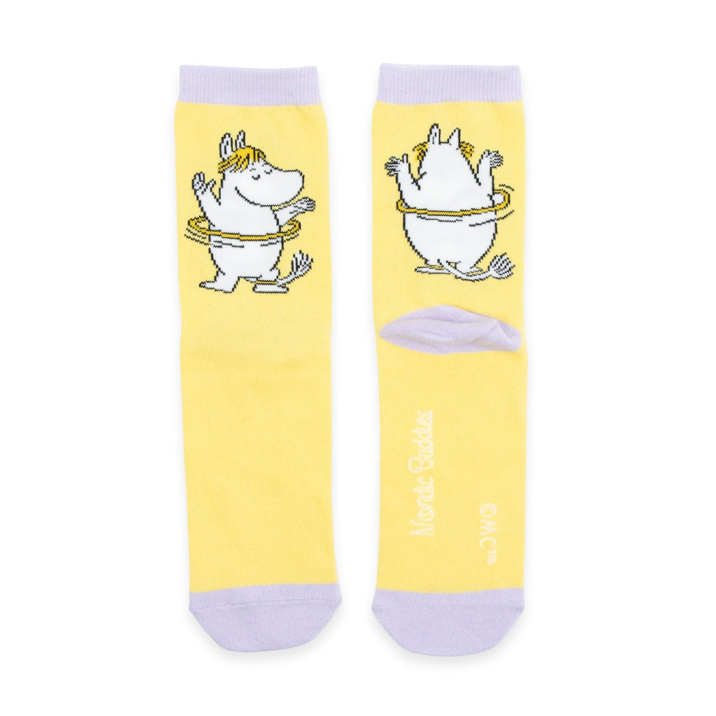 1. Women's Snorkmaiden Butt socks in vibrant yellow by Moomin, featuring front and back character design, studio shot