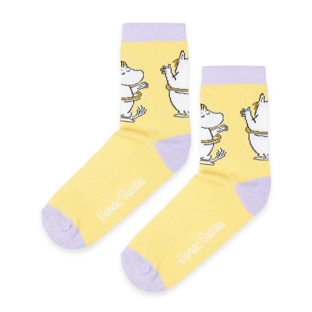 2. Side view of women's Snorkmaiden Butt socks in yellow with purple accents, Moomin by NordicBuddies