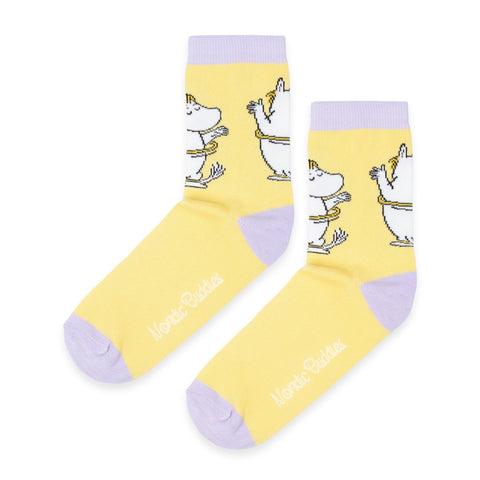 2. Side view of women's Snorkmaiden Butt socks in yellow with purple accents, Moomin by NordicBuddies