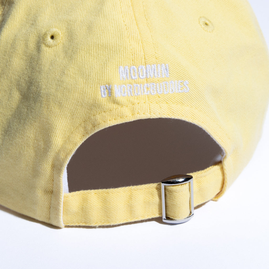 5. Back view of yellow Moomin by NordicBuddies Dad Cap showing adjustable strap and logo