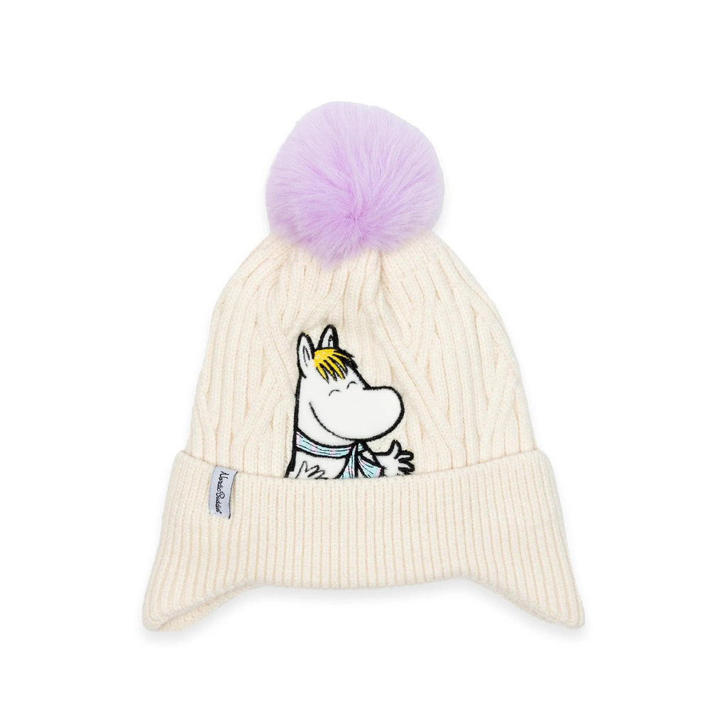 2. Cream Snorkmaiden winter beanie with purple pom-pom and Moomin character embroidery on white background
