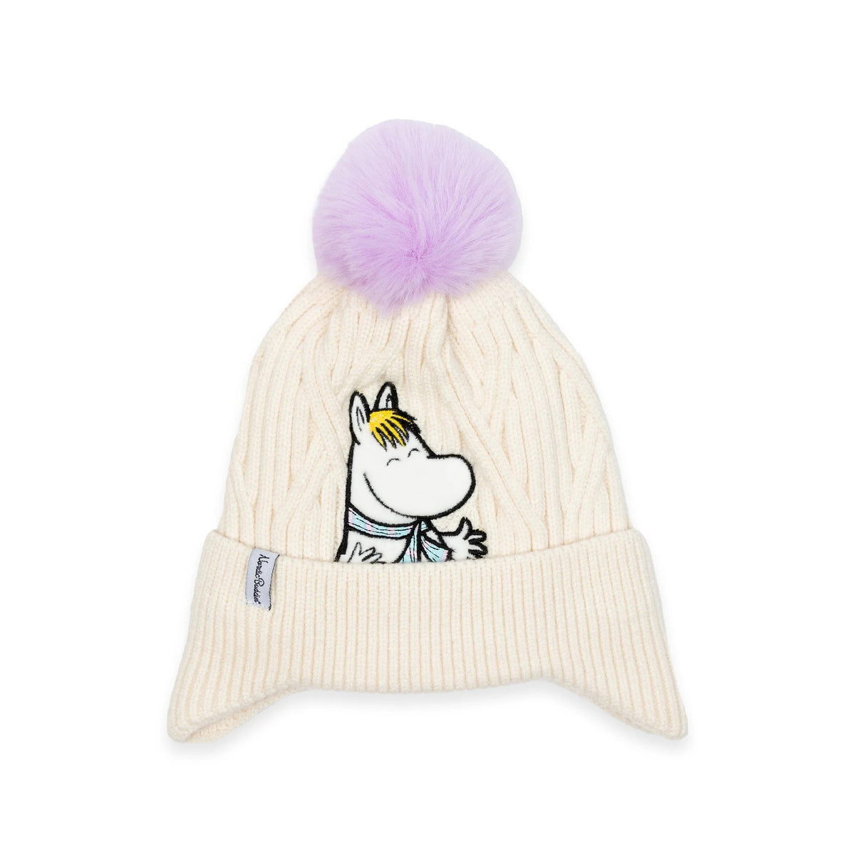 2. Cream Snorkmaiden winter beanie with purple pom-pom and Moomin character embroidery on white background