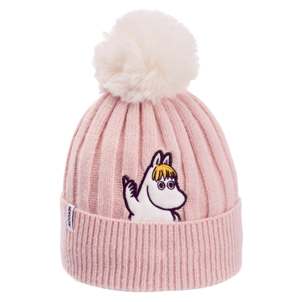 1. Kids' baby pink beanie with white pom-pom featuring Snorkmaiden embroidery, by Moomin NordicBuddies