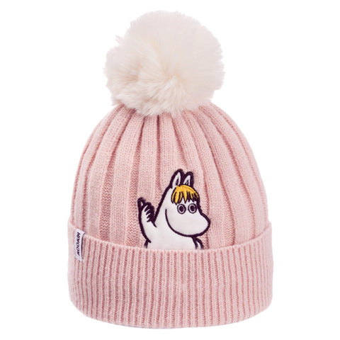 1. Kids' baby pink beanie with white pom-pom featuring Snorkmaiden embroidery, by Moomin NordicBuddies