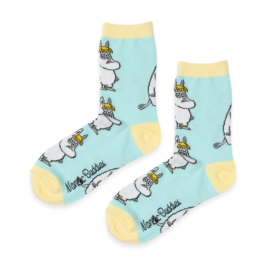 2. Studio image of Snorkmaiden women's socks in light blue with yellow details, showcasing Moomin character pattern by NordicBuddies