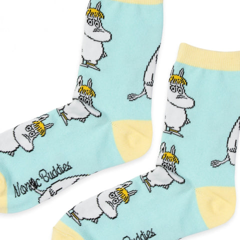 1. Close-up of Snorkmaiden women's socks in light blue with yellow accents, featuring Moomin character design by NordicBuddies