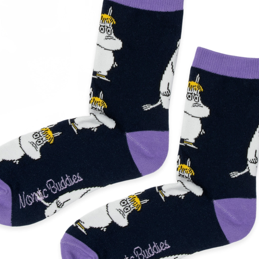 2. Close-up of Moomin Snorkmaiden women's socks showing detailed character design and NordicBuddies branding