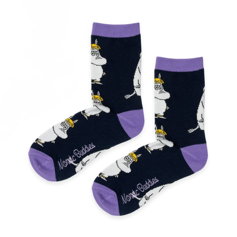 1. Women's Snorkmaiden socks by Moomin in dark blue with purple accents, featuring Snorkmaiden character design, studio shot