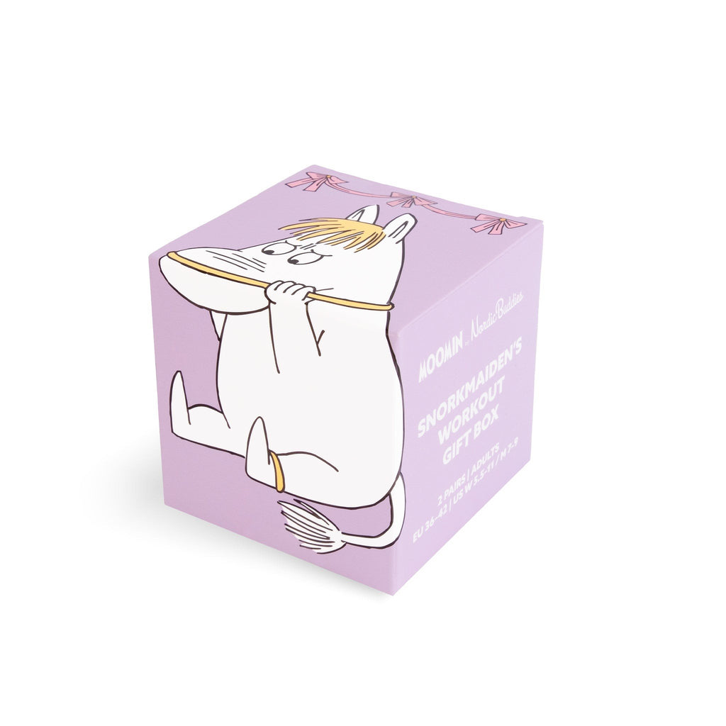 5. Size chart for Snorkmaiden's Workout Gift Box showing packaging with Moomin character illustration
