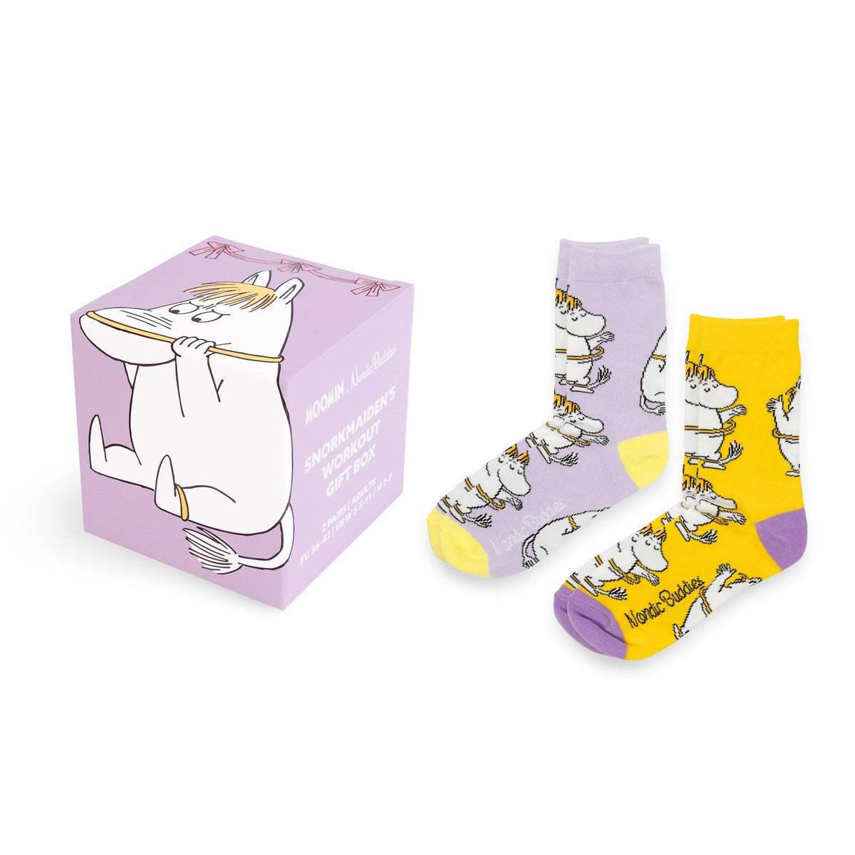 1. Snorkmaiden's Workout Gift Box with two pairs of socks, one purple and one yellow, featuring Moomin character, on a white background