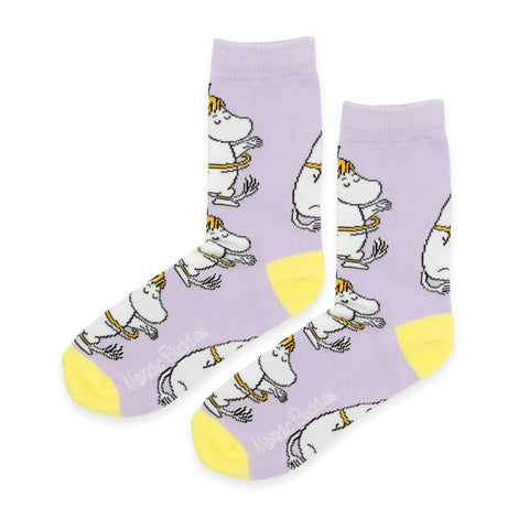 3. Purple socks with yellow heel and toe, featuring Snorkmaiden hula hoop design and Nordic Buddies logo