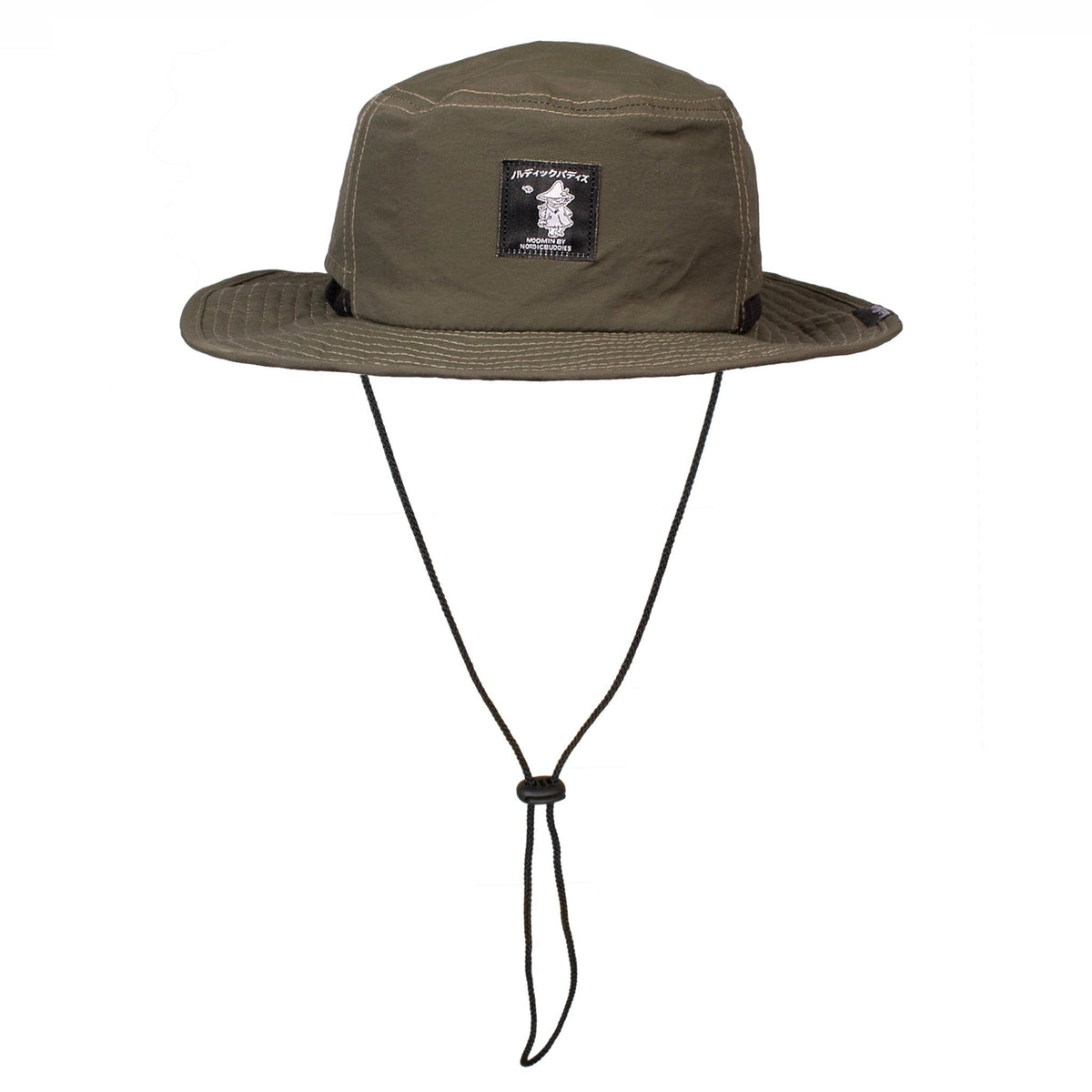 2. Snufkin Brimmer Hat in green by Moomin, studio shot showing front with chin strap