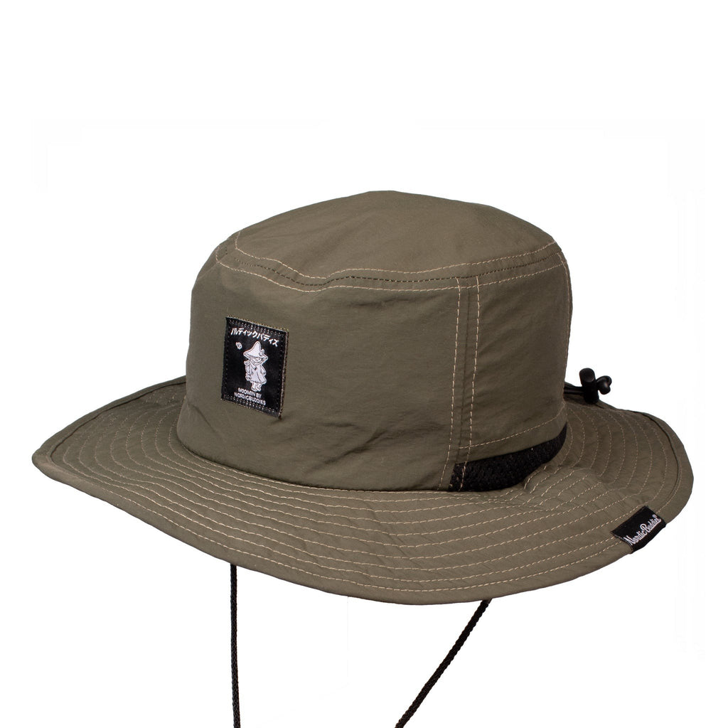 5. Angled view of Snufkin Brimmer Hat in green by Moomin, highlighting logo patch and brim