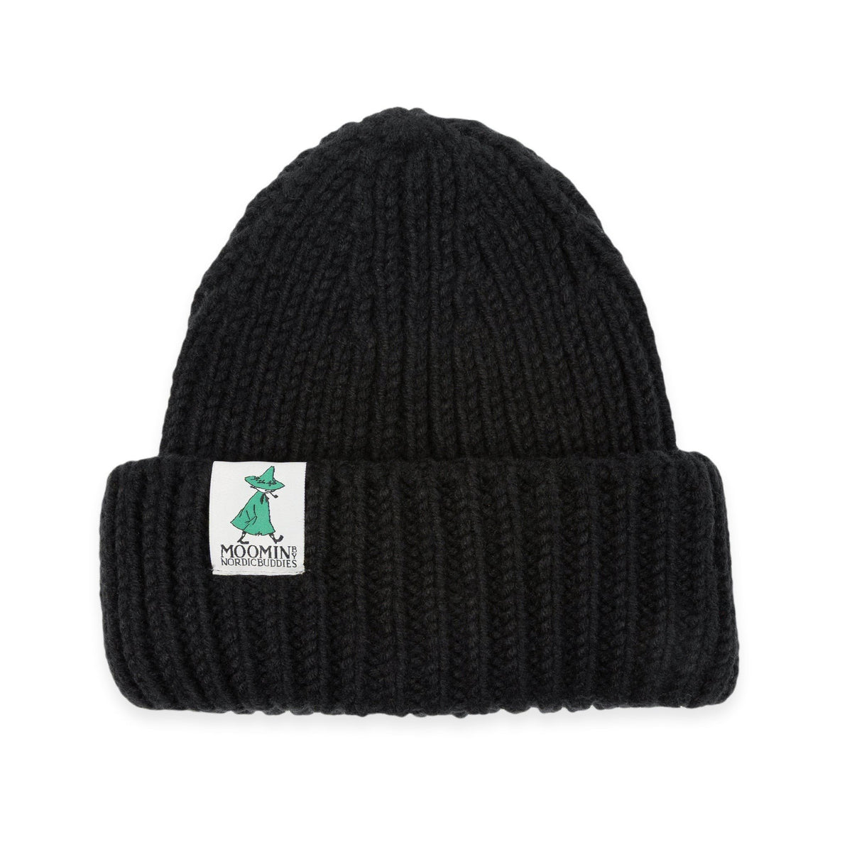 2. Black chunky beanie with Moomin by NordicBuddies logo on folded brim, studio background