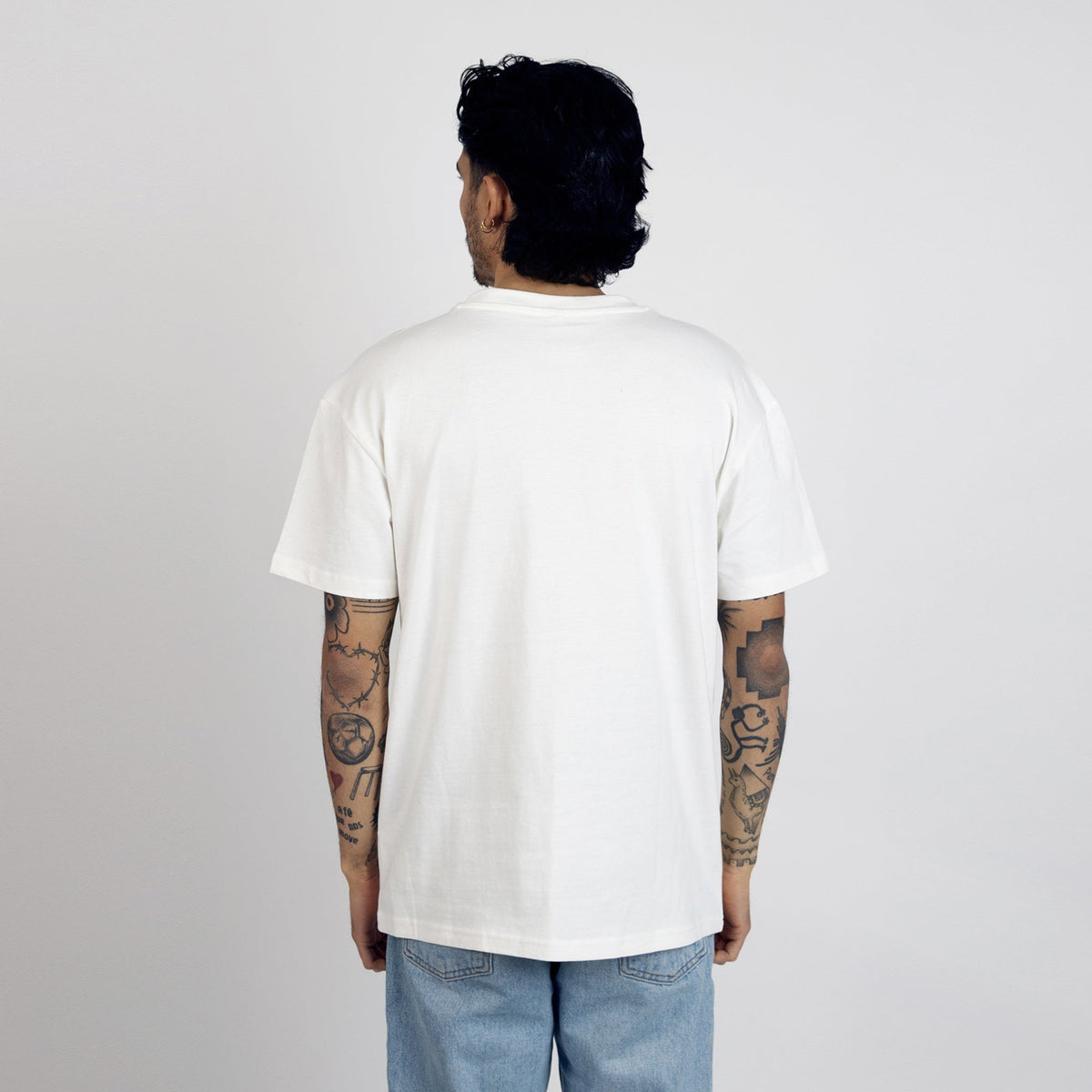 2. Back view of men's Snufkin Fishing T-Shirt by Moomin in white, worn by male model