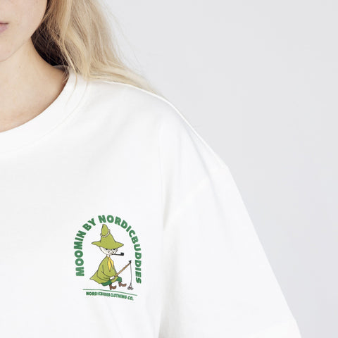 1. Close-up of women's Snufkin Fishing T-Shirt by Moomin in white, featuring NordicBuddies logo