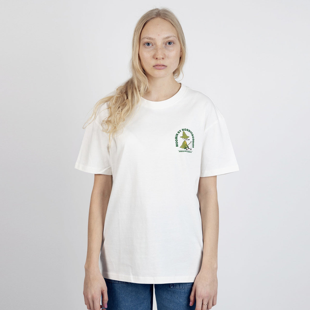 5. Women's Snufkin Fishing T-Shirt by Moomin in white, worn by female model in studio