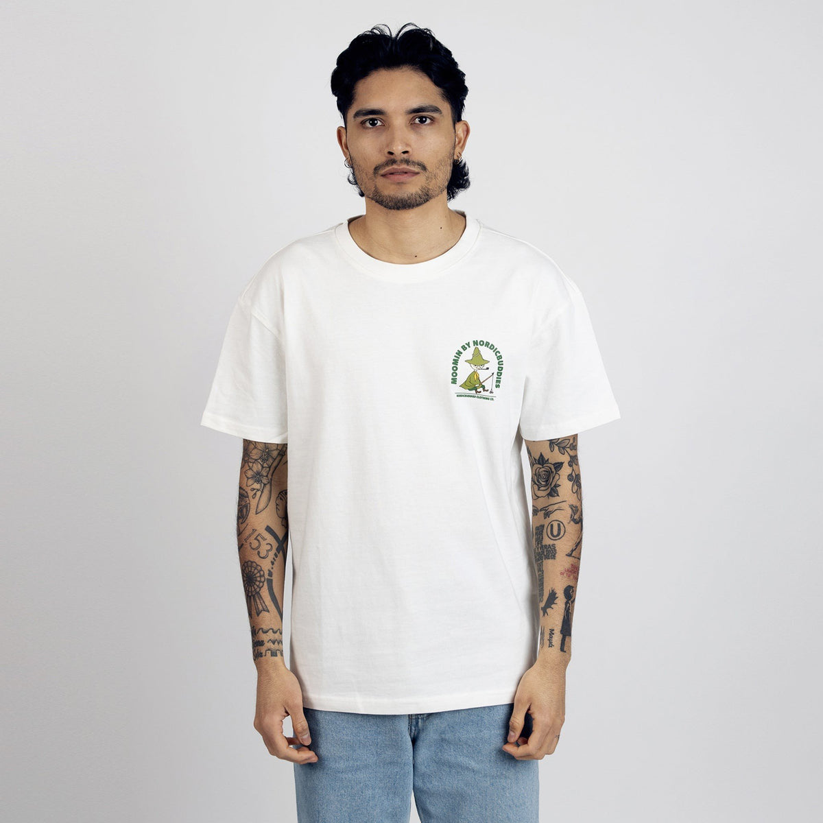 3. Men's Snufkin Fishing T-Shirt by Moomin in white, worn by male model in studio