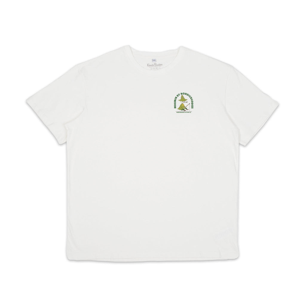 7. Flat lay of Snufkin Fishing T-Shirt by Moomin in white, showing front design with logo