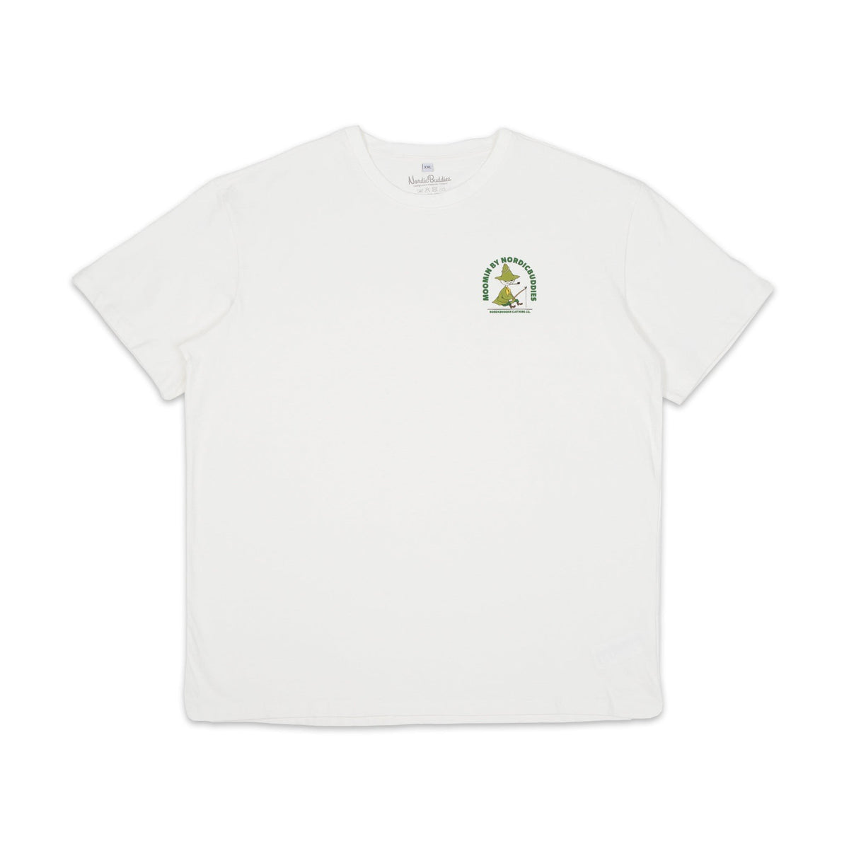 7. Flat lay of Snufkin Fishing T-Shirt by Moomin in white, showing front design with logo